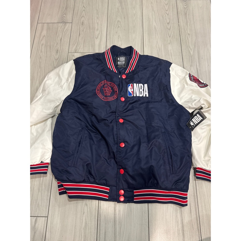 NBA Basketball Varsity Jacket Mens XL Navy Blue White Faux Leather Sleeves NWT